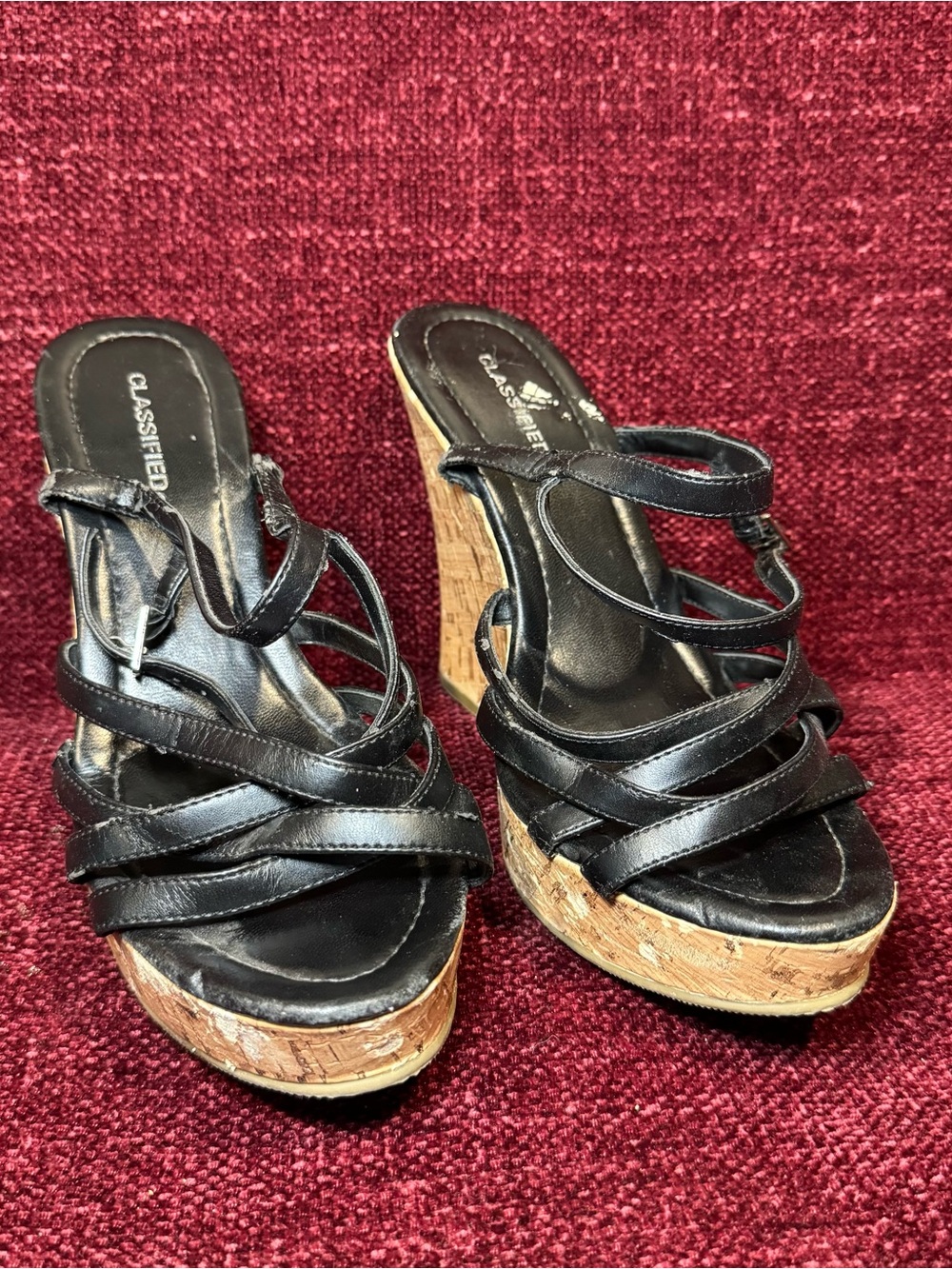 Classified Black Strappy Cork Wedge Sandals